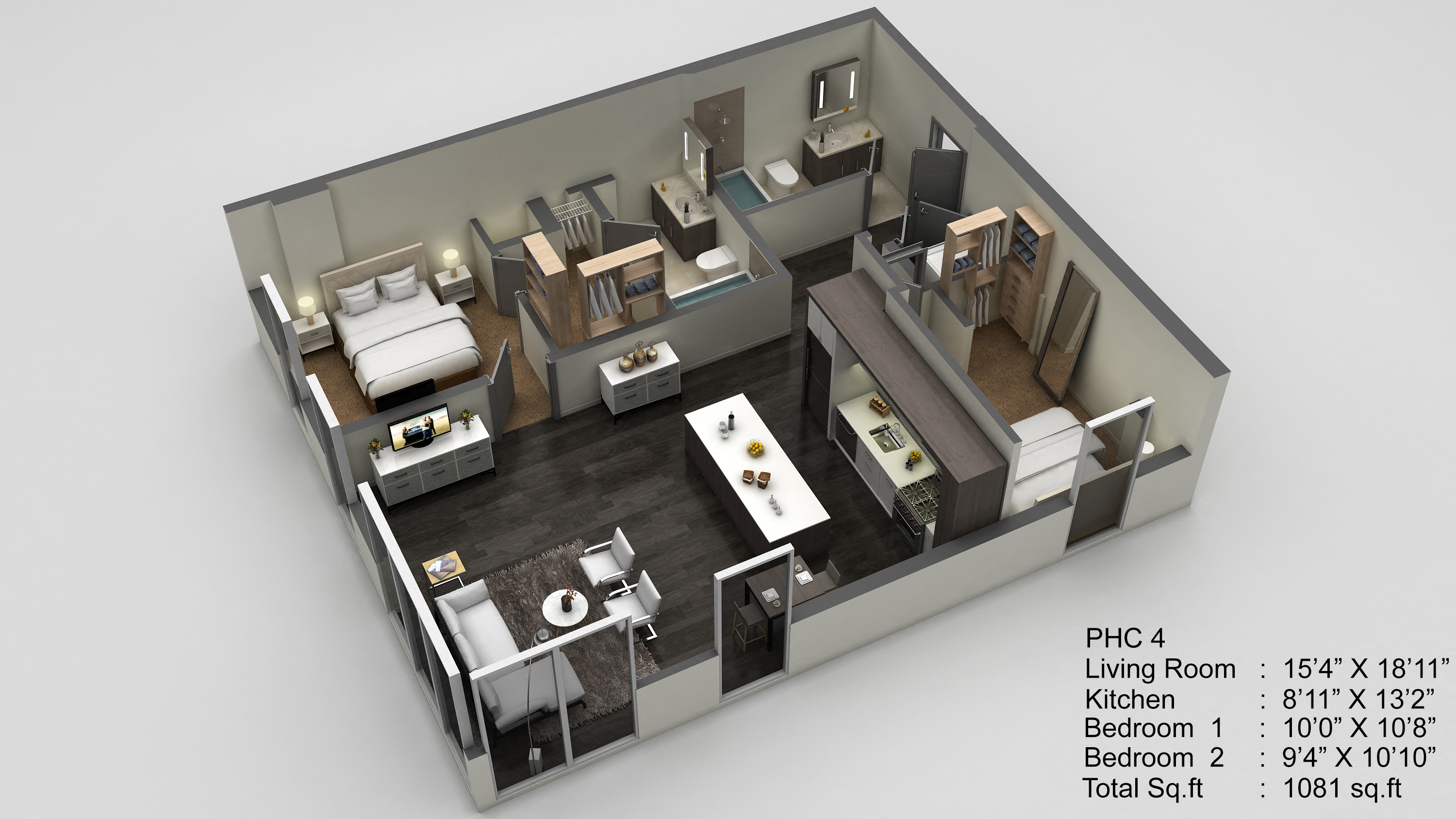 Floor plan for 2 beds, 2 baths, 1081 sqft